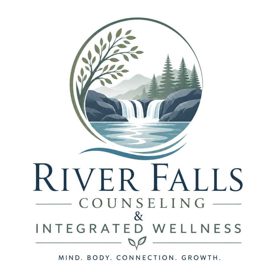 River Falls Counseling and Integrated Wellness logo — a waterfall and forest within a circle